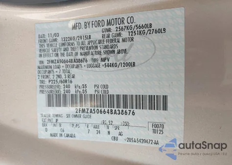 2004 Ford Freestar S from USA, damaged, VIN 2FMZA50664BA38676